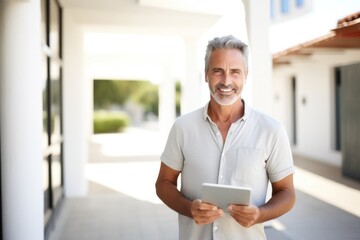 Mature smiling man standing with a clipboard in front of a new house . A real estate agent offers...