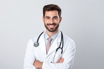 Good man medical doctor, doctor, clinic worker therapist, surgeon, pediatrician standing in hospital uniform on a white background . Health concept 