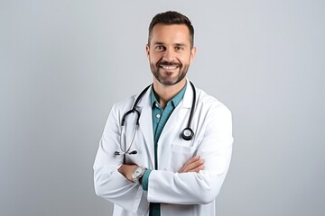 Smiling man medical doctor, doctor, clinic worker therapist, surgeon, pediatrician standing in hospital uniform on a white background . Health concept 