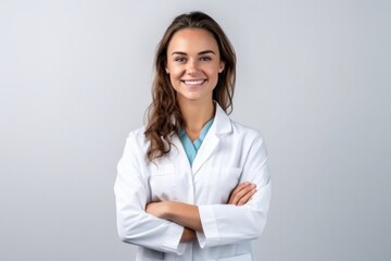 Smiling young woman, graduate student medical therapist or pediatrician, standing in a medical gown with a stethoscope on her shoulders on a white isolated background  - Powered by Adobe