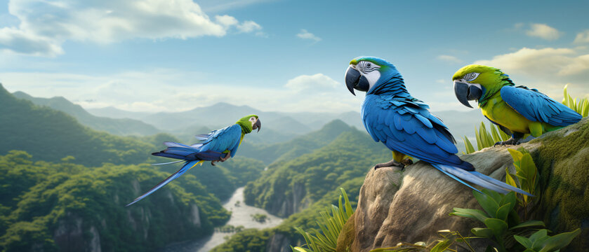 A hyper realistic blue parrot and a bright green parrot