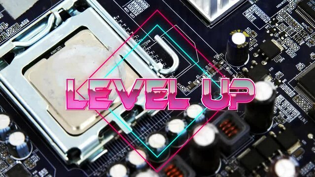 Animation of level up text over neon pattern and circuit board