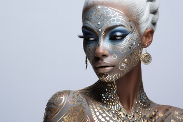 Ethnic African model with grey hair, jewelry and gold with blue and white color patterns on her...