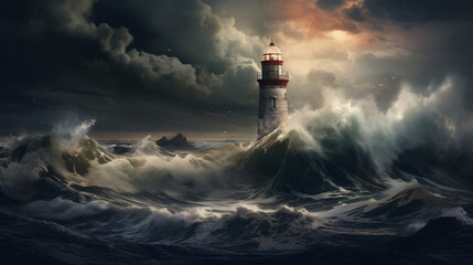 A lighthouse in the midst of a terrible storm - obrazy, fototapety, plakaty