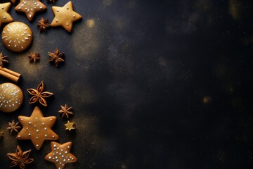 Obraz na płótnie Canvas Christmas background with gingerbread cookies and gold dust on a dark background.