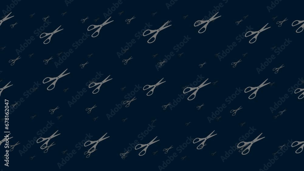 Poster scissors symbols float horizontally from left to right. parallax fly effect. floating symbols are lo