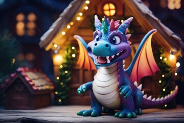 Naklejka premium Cute smiling dragon symbol of the future 2024 new year stands against a backdrop of festival lights . Year of the dragon according to the Chinese calendar 