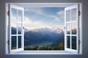 An open window with a beautiful view of the mountains and nature , a path to a beautiful future and dreams . Mental Health Concept 