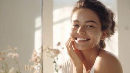 Delicate portrait of a young girl who is taking care of her skin standing in her bathtub against a background of chamomile . Natural ingredients in skin cosmetics . Beauty banner  - obrazy, fototapety, plakaty