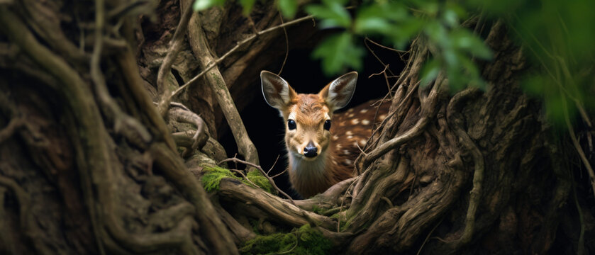 A little deer hiding behind a tree
