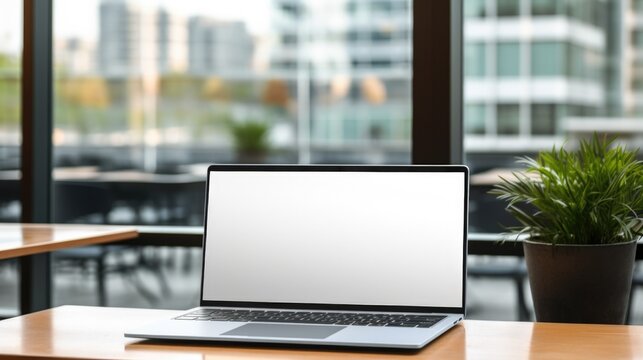 Image of modern working space with equipment and panoramic windows in office interior, open laptop computer with mock up screen and contemporary software for job standing on wooden table 