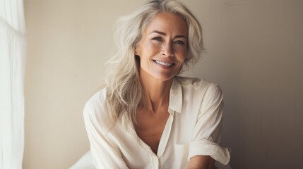 Attractive beautiful 50s mid aged mature woman isolated on white background. skin care beauty, skincare cosmetics concept