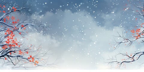 Winter Wonderland  Enchanting Snow Covered Tree Branches amidst Snowdrifts and Gentle Snowfall, Generative AI
