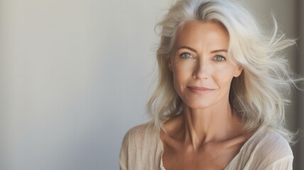 Wow , beautiful 50s mid aged mature woman isolated on white background. skin care beauty, skincare cosmetics concept, copy space, banner.