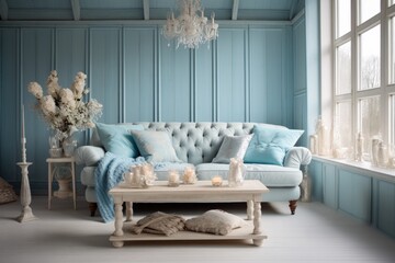 New blue living room in shabi chic style with large windows , using pastel colors in the interior ....