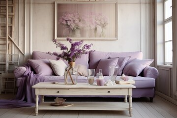 New violet living room in shabi chic style using pastel colors in the interior . White walls and soft tones with elements of white wedding colors , chic festive design 