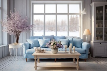 Fototapeta na wymiar New interior design for an amazing living room in a shabby chic style, pastel blue and cream and white, stylish, mellow, minimal high resolution. Sofa, table, lamp , big windows, candles, bouquet .
