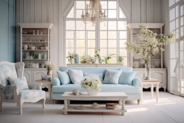 New blue living room in shabi chic style using pastel colors in the interior . White walls and soft tones with elements of white wedding colors , chic festive design . modern living room
