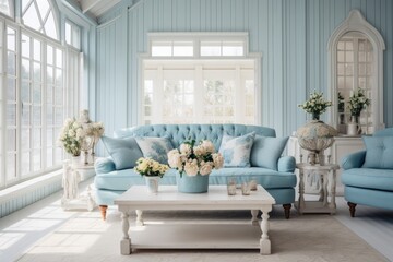 New blue living room in shabi chic style using pastel colors in the interior . White walls and soft tones with elements of white wedding colors , chic festive design 