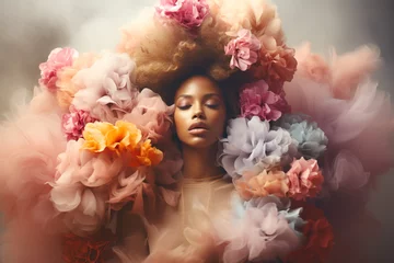 Foto op Canvas Woman sitting on a cloud of flowers, positive thinking, creative mind, self esteem and mental health concept, dreamlike and pure © Berit Kessler