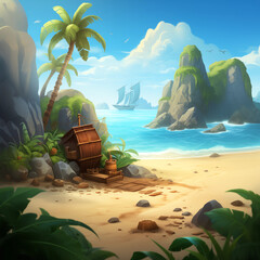 an idyllic tropical cove with a barrel-shaped hut, palm trees, and a distant ship in adventure book style illustration