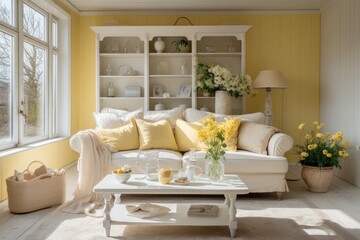 New incredible living room in shabi chik style using pastel yellow and beige colors in the interior . White walls and soft tones with elements of colors, large windows, sofa, coffee table, lamp. 