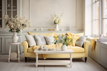 New interior design for an amazing living room in a shabby chic style, pastel yellow and cream and white, stylish, mellow, minimal high resolution. Sofa, table, lamp , big windows, vase, flowers .