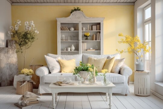 New incredible living room in shabi chik style using pastel beige and yellow colors in the interior . White walls and soft tones with elements of colors, large windows, sofa, coffee table, lamp. 