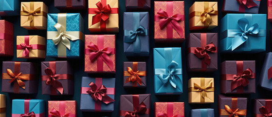 Many colorful gift boxes with ribbons on black background. Top view.