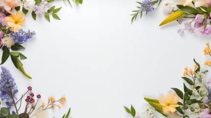 Composition made of meadow flowers and leaves on white background. Flat lay. View from above.
