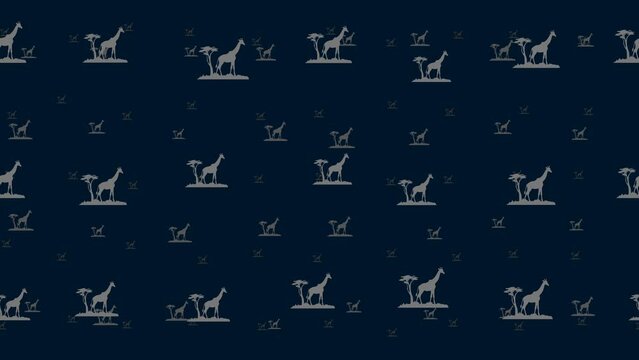 Giraffe symbols float horizontally from left to right. Parallax fly effect. Floating symbols are located randomly. Seamless looped 4k animation on dark blue background