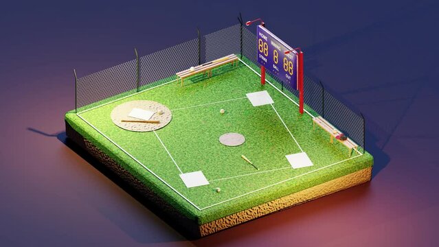 3D isometric animation of baseball court with scoreboard