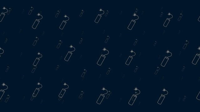 Dynamite symbols float horizontally from left to right. Parallax fly effect. Floating symbols are located randomly. Seamless looped 4k animation on dark blue background