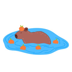 Capybara funny character in flat design. Cute capybara swimming in water with mandarins vector illustration