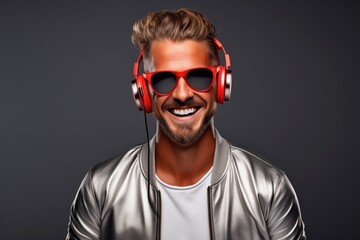 Portrait of laughing man with listening music with headphones. He is wearing on red sunglasses and metallic jacket