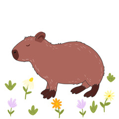 Capybara funny character in flat design. Cute capybara with flowers vector illustration