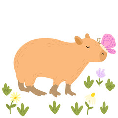 Capybara funny character in flat design. Cute capybara with flowers vector illustration