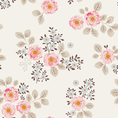 Seamless vector pattern with a bouquet of bright Victorian-style flowers on a light background. Soft pink roses and blue flowers.
