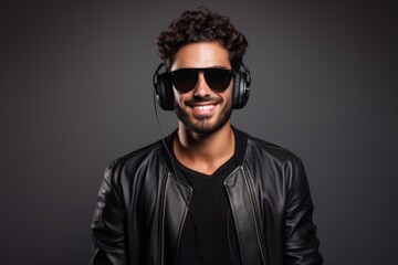 Obraz premium Close up fun happy smiling brunet attractive young man 25s wearing grey t-shirt headphones listening to music indoors on grey wall backround Good mood people lifestyle leisure positive hobby concept.