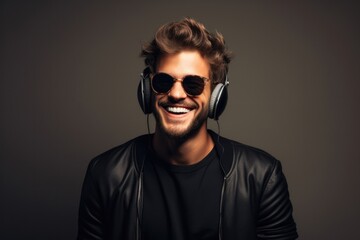 Portrait of a mid adult man wearing headphones listening to music