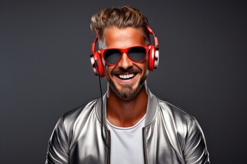 Young joyful cool student unshaven caucasian man 20s 30s wearing violet t-shirt hat glasses white headphones stretching hand to camera dancing isolated on pastel grey color background studio portrait.