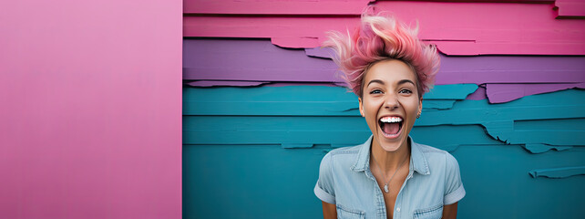 Woman Delighted by Spring, Smiling Against a Blue-Pink Background