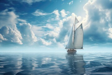 Sailing boat in the sea against the backdrop of ocean and clouds