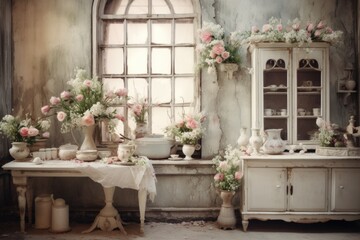 Fototapeta na wymiar Vintage interior sofa with a vase of flowers in shabby chic style.