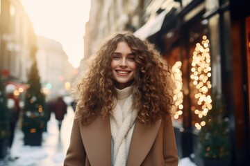 Elegant brunette woman with long wavy hair wearing brown wool coat, smiling and walking at city street on Christmas Eve day. Portrait against blured  yellow holidays girlands - obrazy, fototapety, plakaty