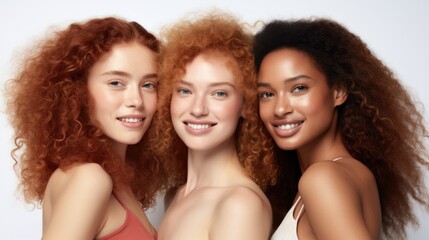 Fototapeta premium Happy women with different skin tones smiling at the camera in a studio. Group of body confident young women embracing their natural beauty. Three body positive young women standing together.