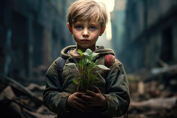 Ukrainian boy in military uniform stands with flower seeding against the backdrop of a war-torn city. New life after devastation. War through the eyes of children