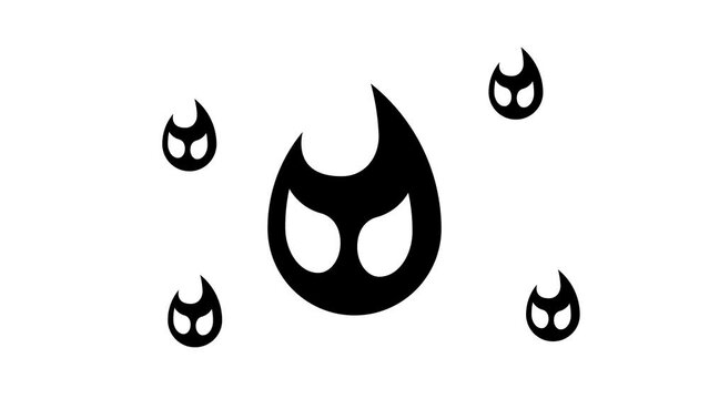 Zoom in and out animation the fire symbol. Large black symbol in the center and four small symbols around. Seamless looped 4k animation on white background