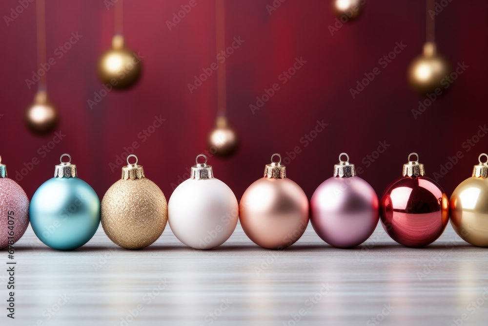 Poster array of colorful christmas tree ornaments background with empty space for text