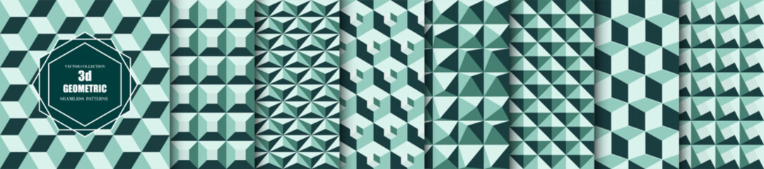 Collection of mint and green color seamless geometric patterns. Repeatable fashion backgrounds. Decorative endless 3d creative ceramic tile textures
